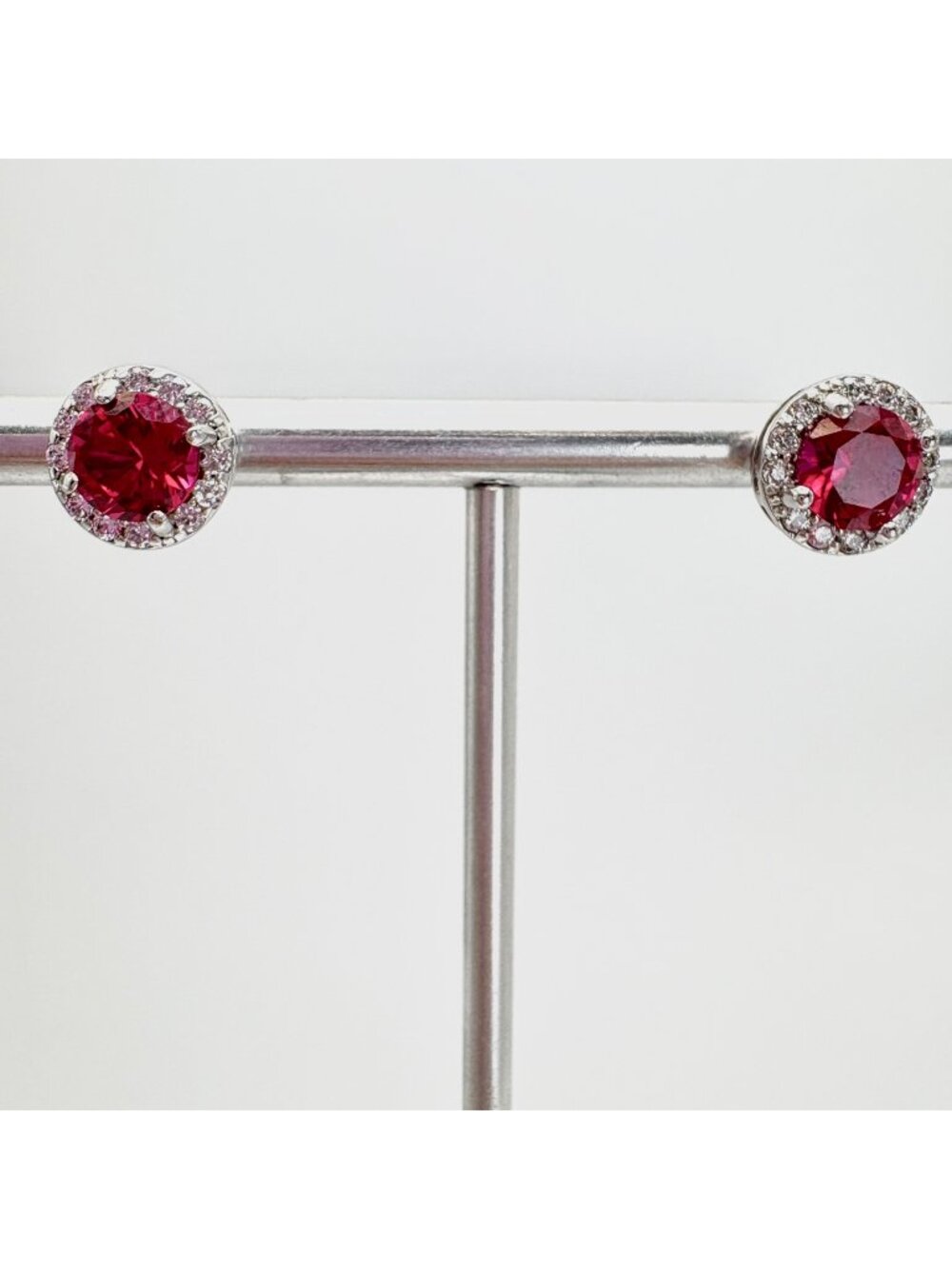 Red & White Cubic Zirconia & Sterling Silver 925 Stud Earrings Size 0.25" Length